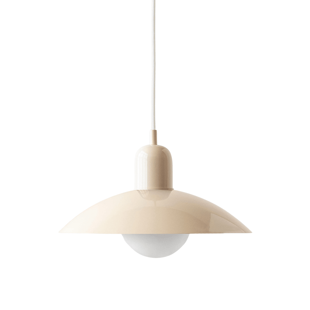 Hanging lamp with a curved metal shade designed for kitchen pendant lighting, featuring a minimalist style perfect for modern indoor decor. 0